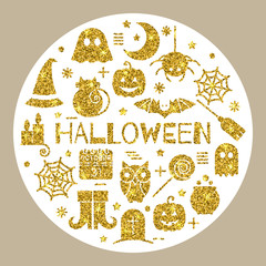 Halloween gold icons set in circle shape