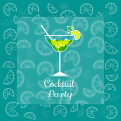 Drink concept. Cocktail Party Invitation Poster. Green fresh liquor. Cosmopolitan cocktails design idea. Refreshing lemon beverage, cool drink. Vintage style. Vector illustration.