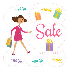 Super sale Concept. Cartoon cute character girl shopping special bonus. Discount offer promotion. Design element of season hot deal banner. Background for advertisement event. Vector illustration