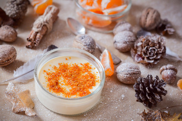 Cream Brulee on Decorative Christmas Background