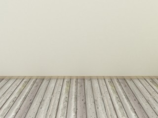 Empty interior space with white painted wall and wooden parquet floor. 3d render