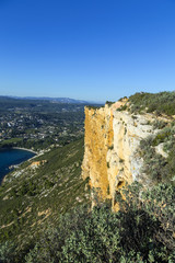 View of Cassis town, Cap Canaille rock and Mediterranean Sea fro