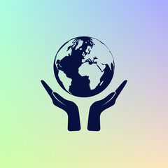 Flat paper cut style icon of two hands holding Earth