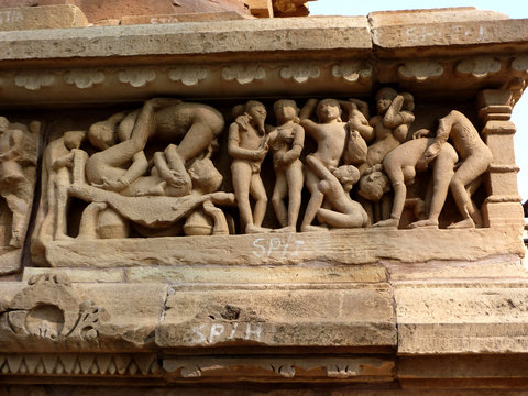 Sculptures of loving couples, illustrating the Kama Sutra
