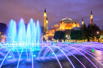 Fototapeta na wymiar Hagia Sophia illuminated at evening, Istanbul, Turkey