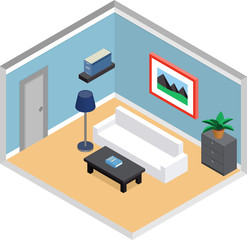 Modern living room design with furniture and door. Interior in isometric style. Vector 3D illustration.