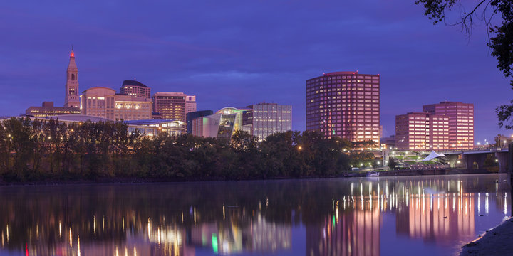 Hartford CT Riverfront Skyline Panorama At Twilight