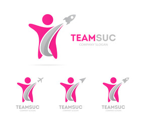 Vector of rocket and man logo combination. Airplane and human symbol or icon. Unique team and friendship logotype design template.