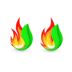 Isolated abstract fire logo. Flame in leaf logotype. Bushfire icon. Heat sign. Wildfire symbol. Vector illustration.