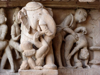 Elephant sculptures with erotic scenes from the kama sutra