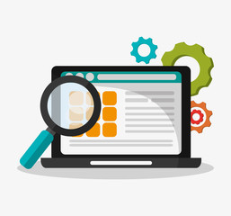 Laptop and lupe icon. Social media and digital marketing theme. Colorful design. Vector illustration