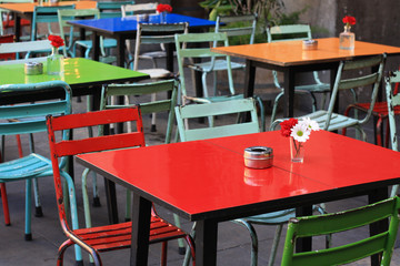 Colorful outdoor cafe tables in Barcelona, Spain