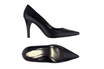 Black classic women's shoes with high heels isolated on white background