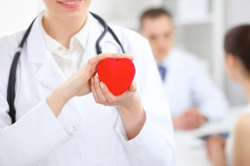 Female doctor with stethoscope holding heart.  Doctor and patient sitting in the background