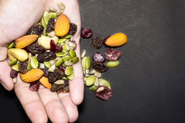 Trail mix on the hand.
