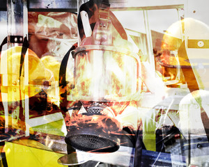 Double exposure of fireman and  fire case ,emergency concept. .