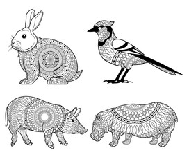 rabbit bird pig and hippo icon. Animal life nature and fauna theme. Isolated black and white design. Vector illustration
