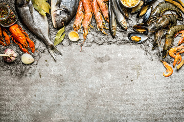 Fresh seafood with a fishing net.
