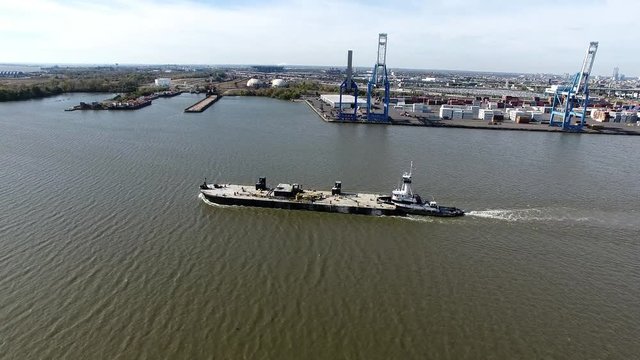 Aerial Footage of Barge and Tugboat on Delaware River Philadelphia PA