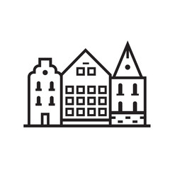 Europe street and house emblem. Danish or sweden townhouse emblem. Historic town houses logo. Downtown street outline design.