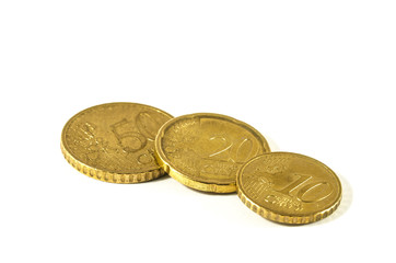 view of euro cent coins over a white background