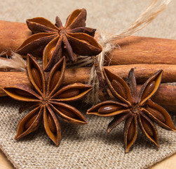 Star anise and cinnamon sticks on wooden table, seasoning for cooking