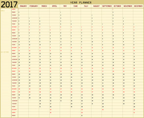 Year 2017 Planner - An annual planner calendar for the year 2017 on yellow background. A custom straight lines thick font is used.