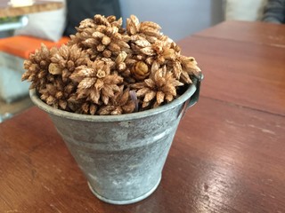 Dry flower in steel vase on wood table