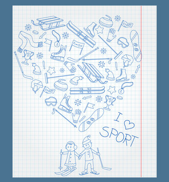 The background image of the exercise book in a cage with fields and pen drawings on the theme of winter sports