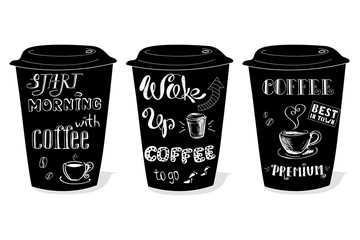 Black coffee cup covered with hand-drawings on the theme of coff