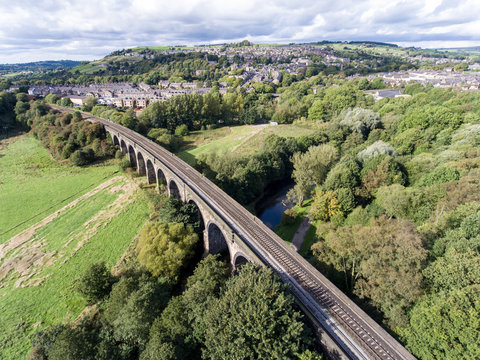 Views over New Mills, Derbyshire with railway bridge