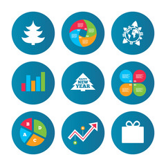 Happy new year sign. Christmas tree and gift box.