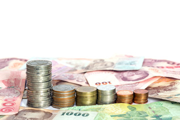 A row of Thailand's Baht isolated on white background.