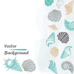 Sea or ocean background with colorful sea shells and watercolor elements. ector illustration