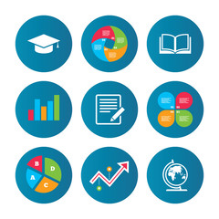 Pencil and open book signs. Graduation cap icon.