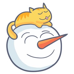 Happy snowman with orange cat on his head.