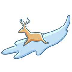 Funny brown deer running on a flying snow.