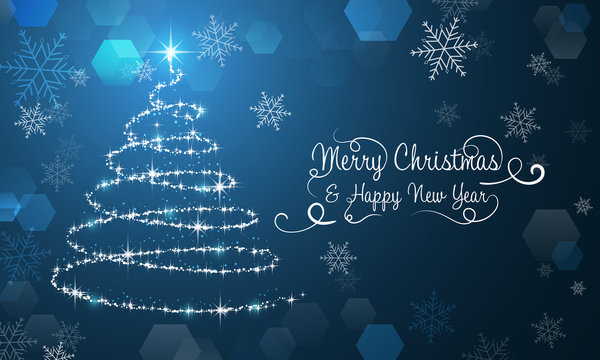 Christmas wallpaper with snowflakes, Christmas tree and decorative wishing.