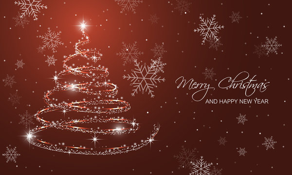 Christmas greeting card with christmas tree, snowflakes and shining star.