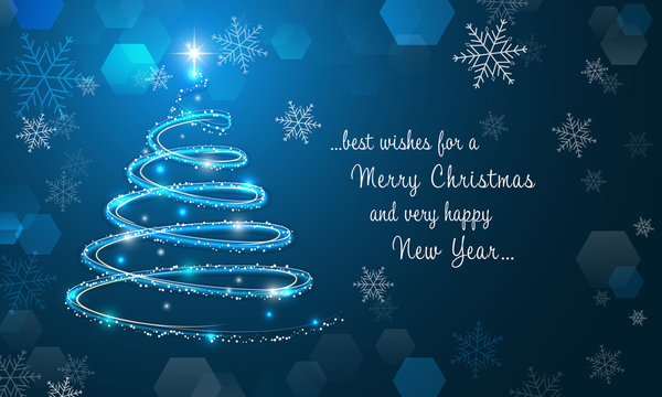 Shiny Christmas tree and snowflakes on blue winter background. Merry Christmas and Happy New Year wallpaper.