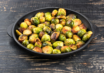 Fried brussels sprouts in a pan