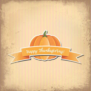Pumpkin with Happy Thanksgiving banner and retro background