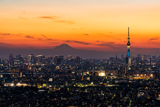 東京スカイツリーと東京の夕景