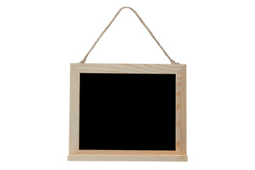 hanging small wooden frame blank blackboard on white background