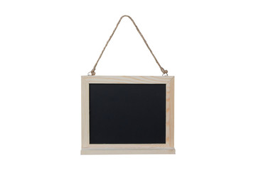 hanging small wooden frame blank blackboard on white background