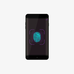 Realistic smartphone illustration. Thumb scanner. Fingerprint scan. Identification system.