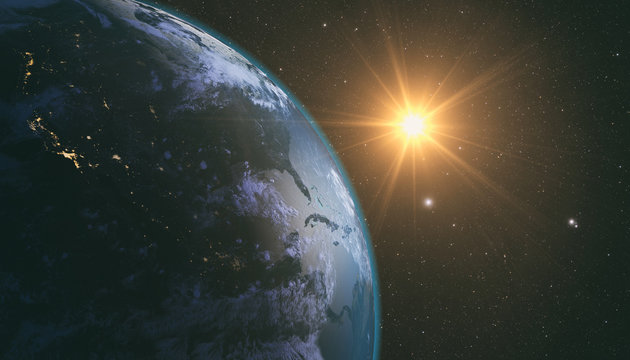 Planet Earth with a spectacular sunrise with milkyway in the background. 3d render.
