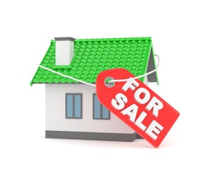 Model of house with label for sale on white background. Concept of real estate sale. 3D rendering.