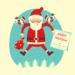 Bullfinch and Santa Claus flying in winter blue sky.Comic vector