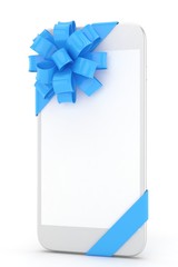 White phone with blue bow and empty screen. 3D rendering.